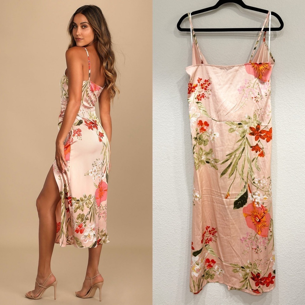 Lulu's Pink Floral Midi Slip Dress with Orange & Green Accents - Picture 5 of 9